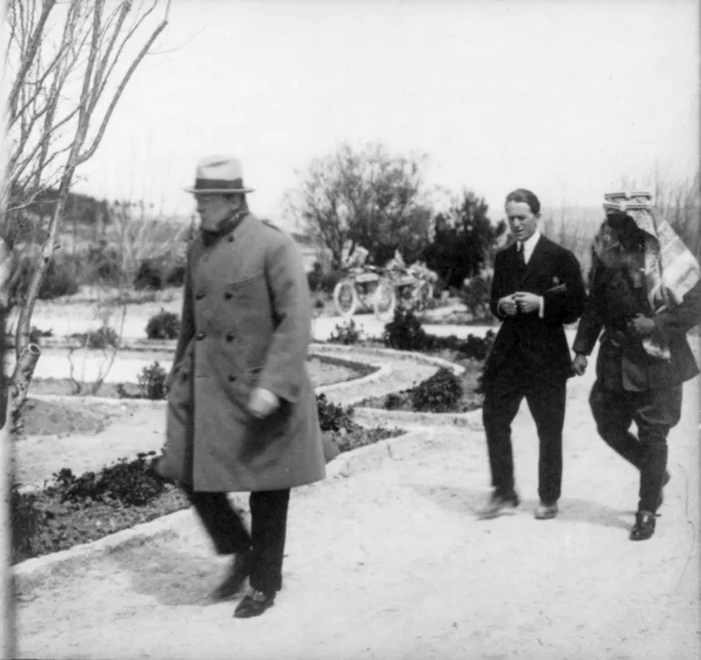 Winston Churchill, British Secretary of State for the Colonies, with King Abdullah I and T. E. Lawrence ('of Arabia'), in Jerusalem, 1921.