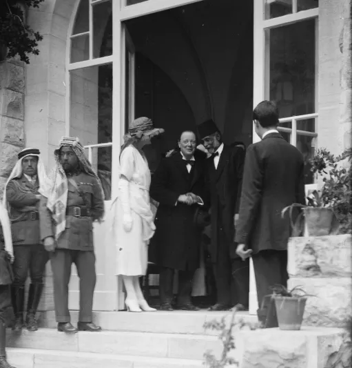 Winston Churchill receiving Mousa Kasim Pasha el Husseini at reception at Government House, Jerusalem.