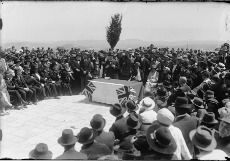 Churchill speaks at the Hebrew University tree-planting ceremony.