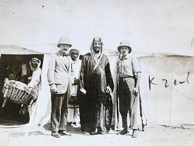 George Antonius accompanies Sir Gilbert Clayton as his interpreter for a meeting with Ibn Saud in the Hijaz, ca. 1925.