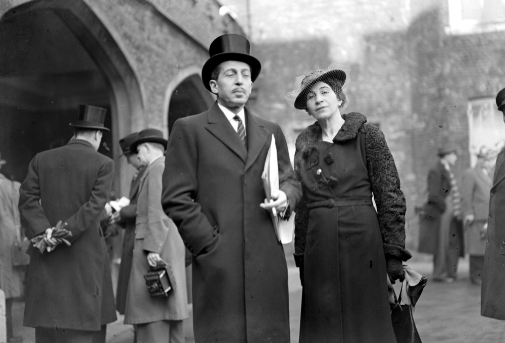 Katy Nimr stands with her husband, George Antonius, at St. James's Palace during the London Conference, February 7, 1939.