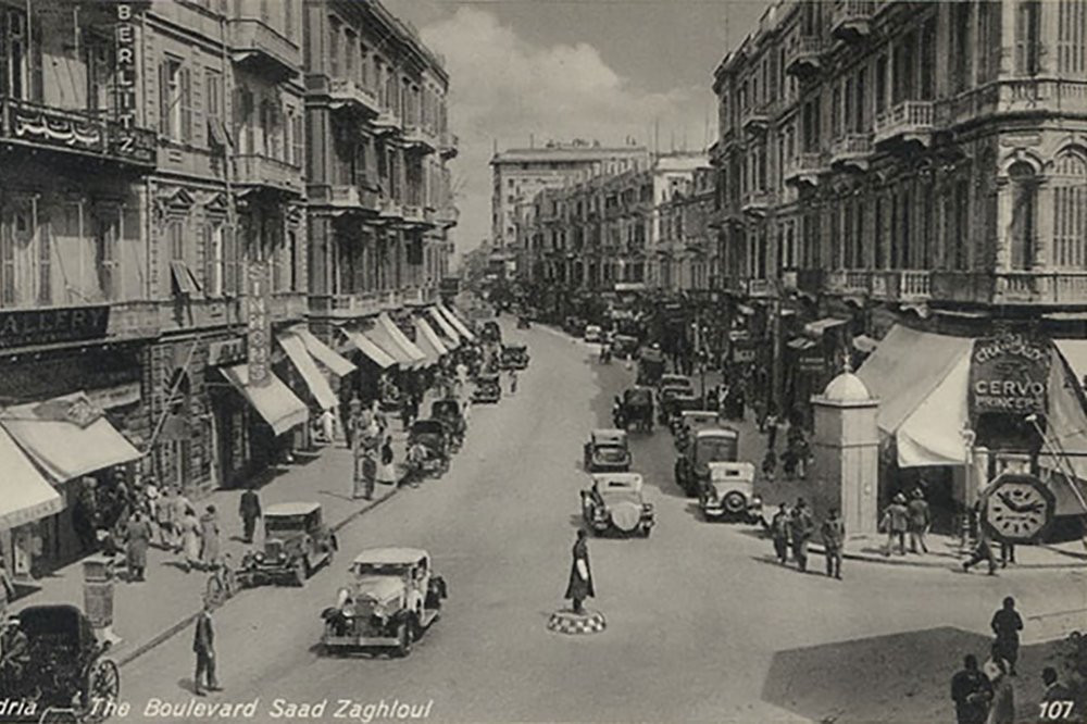 Boulevard Saad Zaghloul with trees, Alexandria, Egypt, ca. 1900