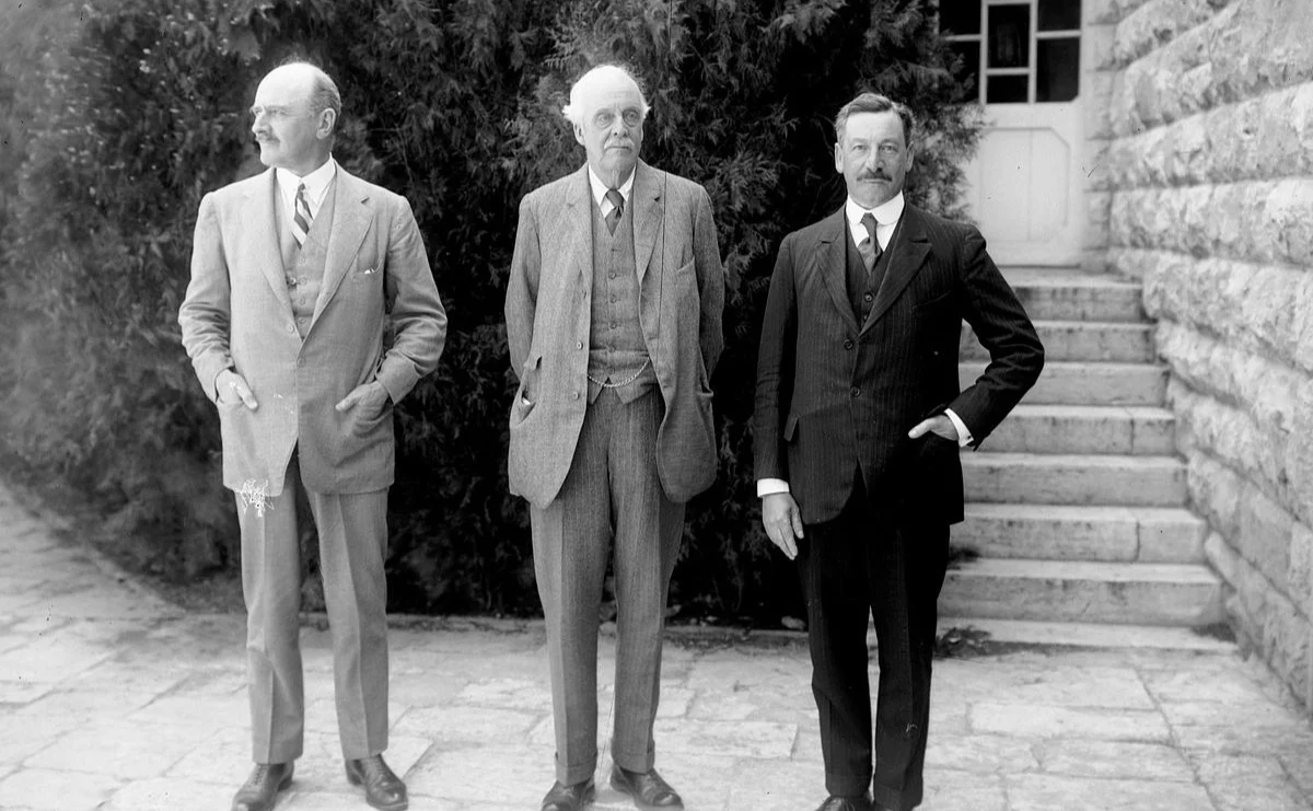 From left, Lords Edmund Allenby, Arthur Balfour and Sir Herbert Samuel PFrom left, Lords Edmund Allenby, Arthur Balfour and Sir Herbert Samuel
