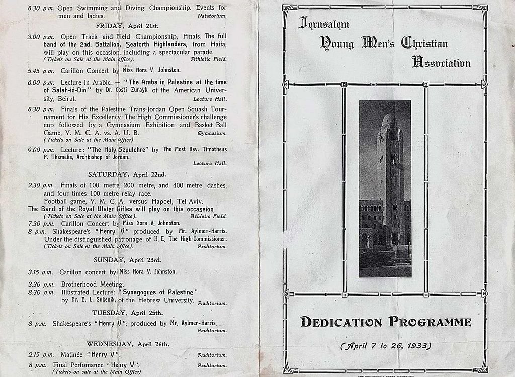 Dedication program for the new Jerusalem YMCA, April 1933