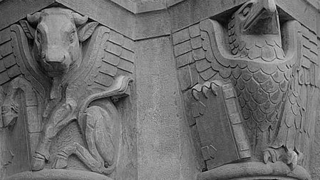 Symbols of the bull and the eagle hover over the entrance to the Jerusalem YMCA